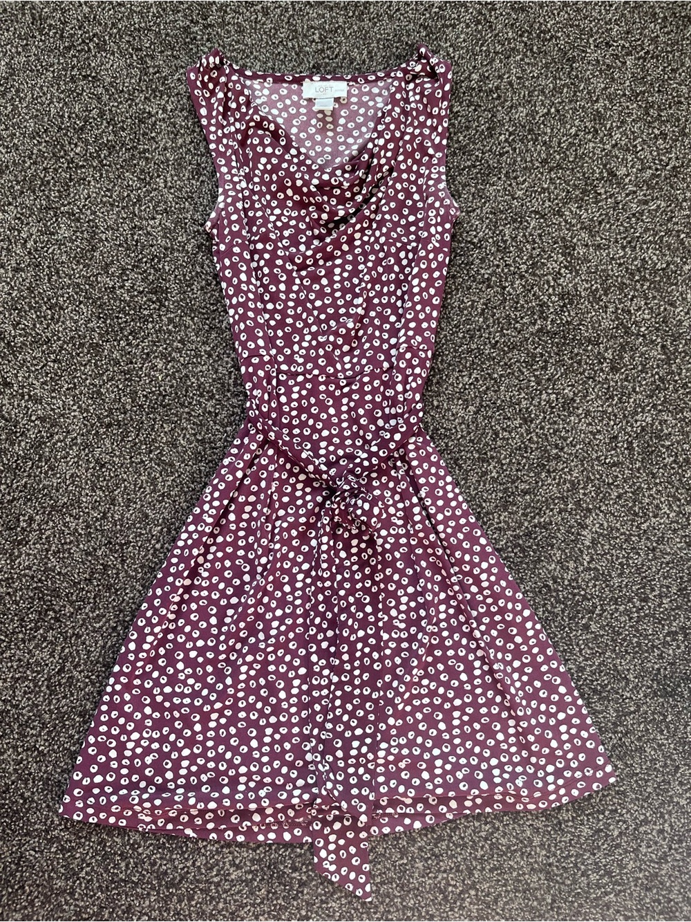LOFT Burgundy Sleeveless Polka Dot Tie-Waist Dress